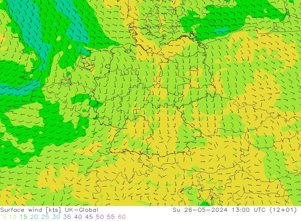 Surface wind UK-Global Su 26.05.2024 13 UTC