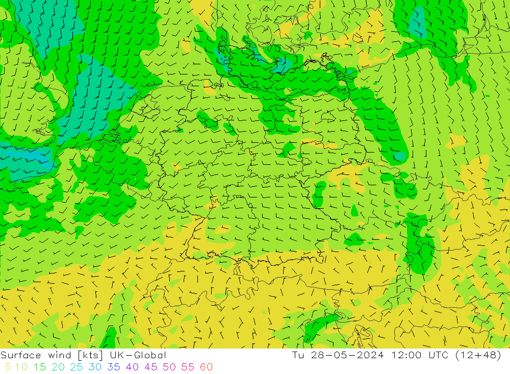 Surface wind UK-Global Tu 28.05.2024 12 UTC