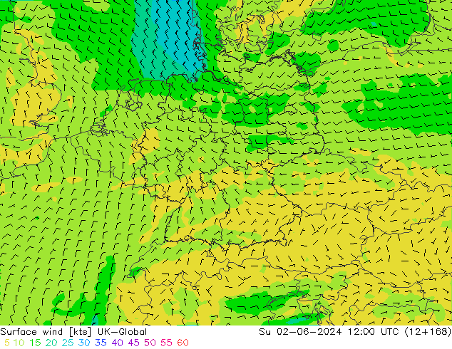 Wind 10 m UK-Global zo 02.06.2024 12 UTC