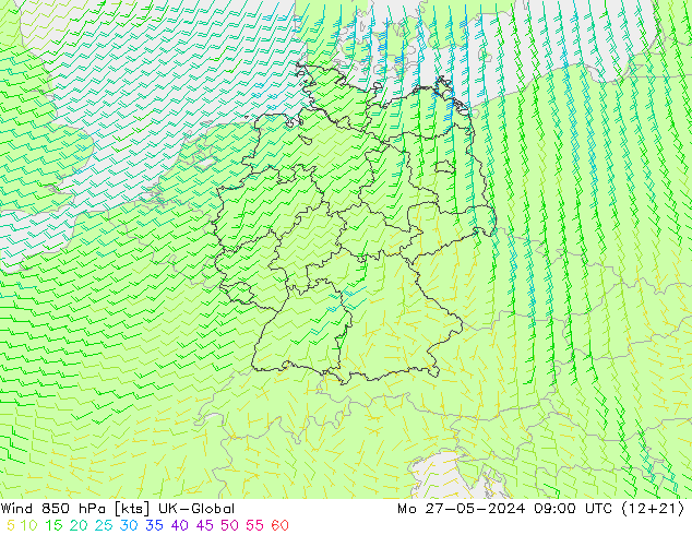 Wind 850 hPa UK-Global Po 27.05.2024 09 UTC