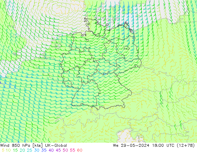 Vent 850 hPa UK-Global mer 29.05.2024 18 UTC