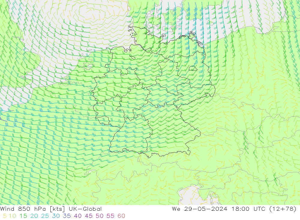 Vento 850 hPa UK-Global mer 29.05.2024 18 UTC