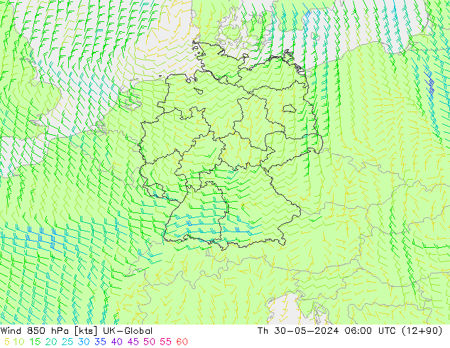 wiatr 850 hPa UK-Global czw. 30.05.2024 06 UTC