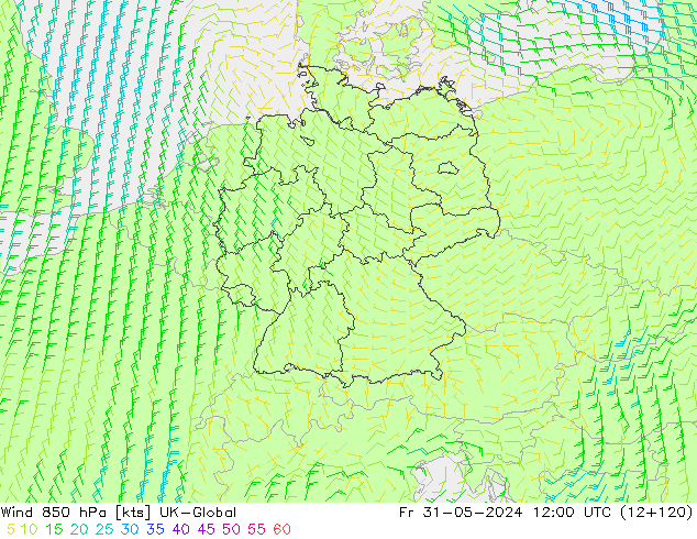 Wind 850 hPa UK-Global Fr 31.05.2024 12 UTC