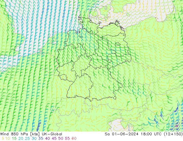 Wind 850 hPa UK-Global za 01.06.2024 18 UTC