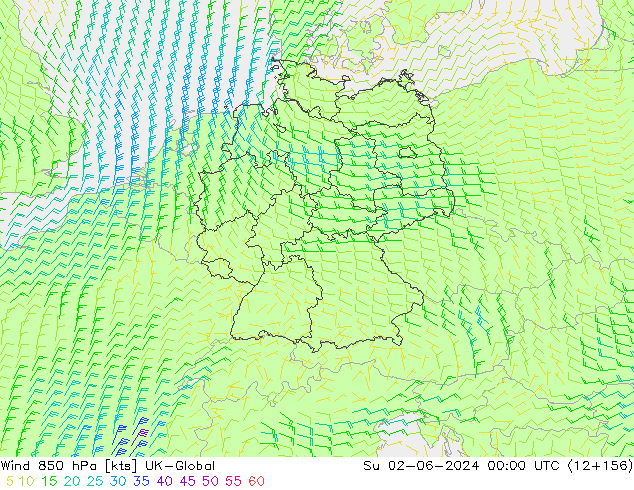 Wind 850 hPa UK-Global zo 02.06.2024 00 UTC