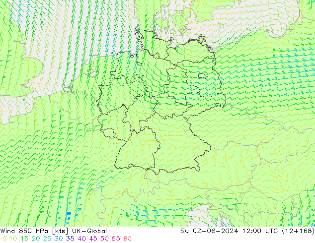 Wind 850 hPa UK-Global Ne 02.06.2024 12 UTC