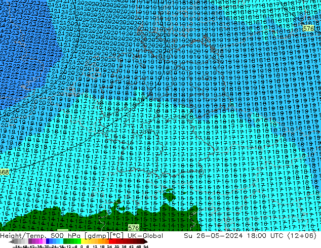 Height/Temp. 500 hPa UK-Global Su 26.05.2024 18 UTC