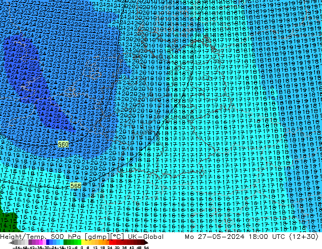 Height/Temp. 500 hPa UK-Global Mo 27.05.2024 18 UTC