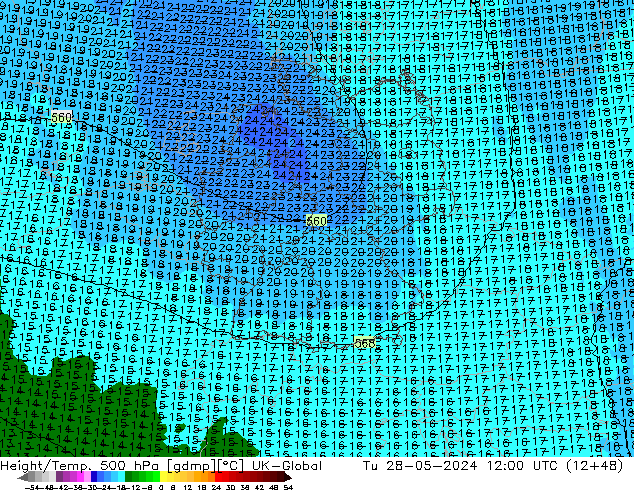 Hoogte/Temp. 500 hPa UK-Global di 28.05.2024 12 UTC