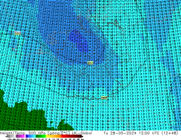 Height/Temp. 500 hPa UK-Global Tu 28.05.2024 12 UTC