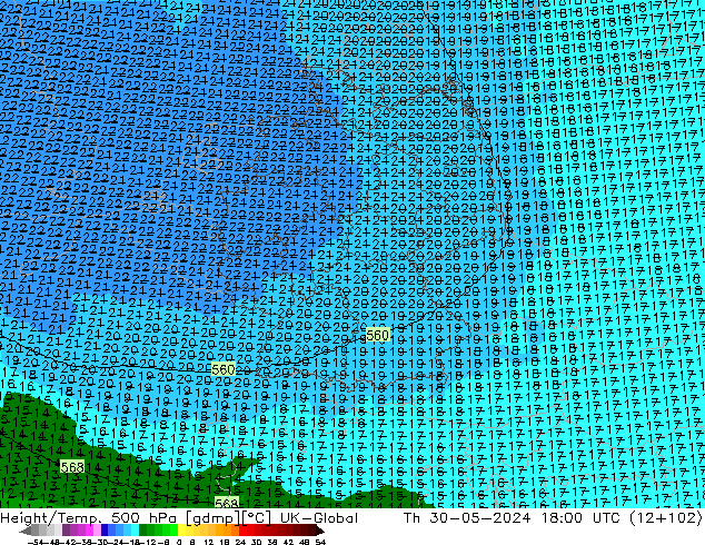 Geop./Temp. 500 hPa UK-Global jue 30.05.2024 18 UTC