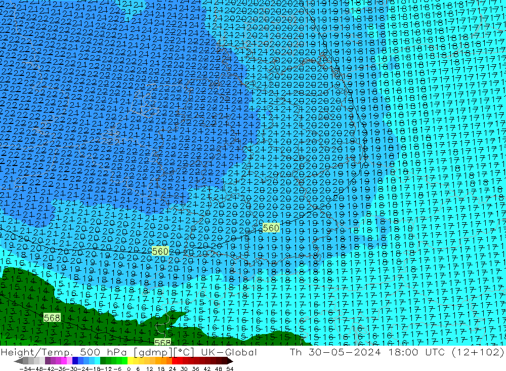 Géop./Temp. 500 hPa UK-Global jeu 30.05.2024 18 UTC