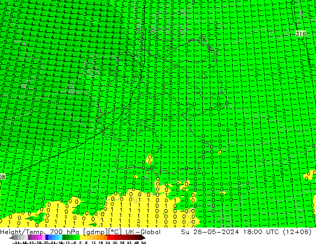 Geop./Temp. 700 hPa UK-Global dom 26.05.2024 18 UTC