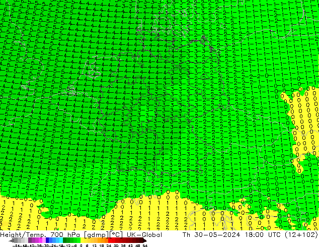 Height/Temp. 700 hPa UK-Global czw. 30.05.2024 18 UTC