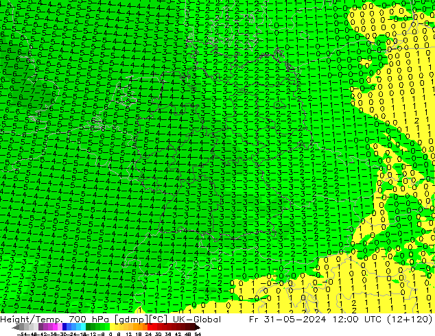 Height/Temp. 700 hPa UK-Global Fr 31.05.2024 12 UTC