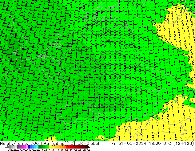 Height/Temp. 700 hPa UK-Global Fr 31.05.2024 18 UTC