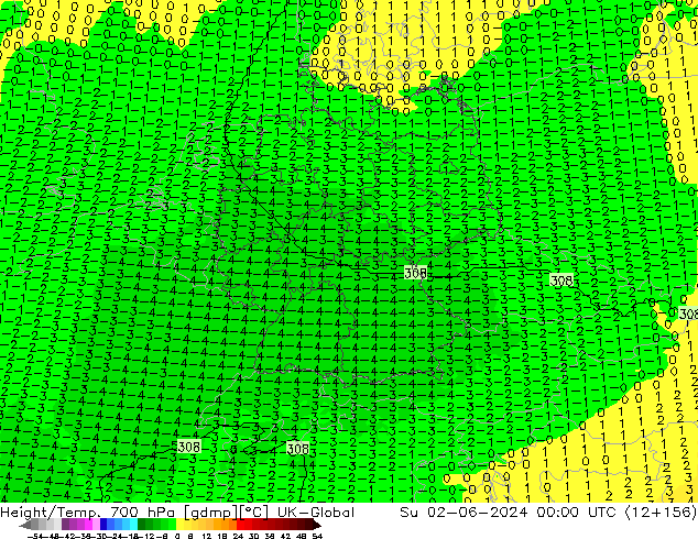 Géop./Temp. 700 hPa UK-Global dim 02.06.2024 00 UTC