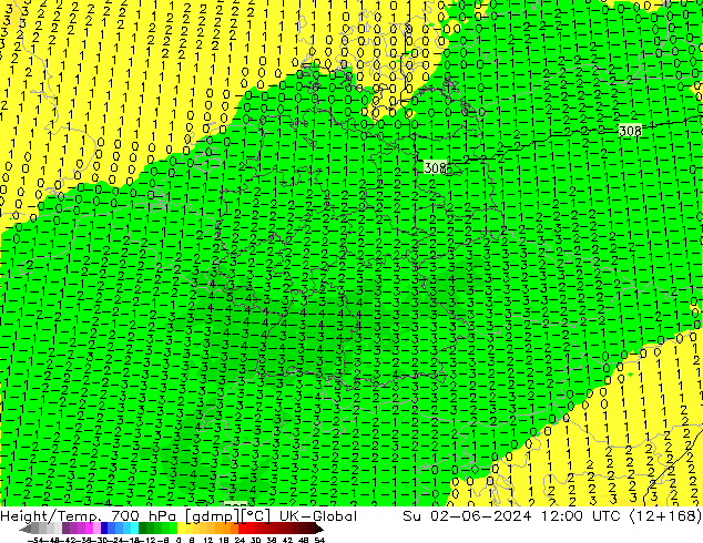 Height/Temp. 700 hPa UK-Global  02.06.2024 12 UTC