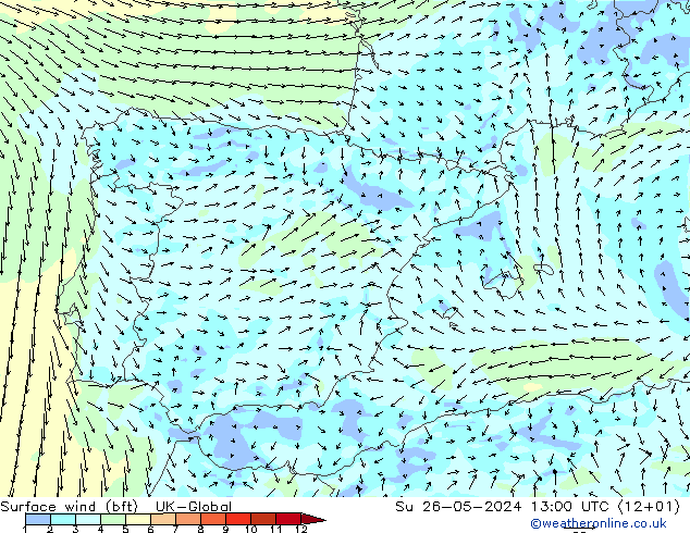 Surface wind (bft) UK-Global Su 26.05.2024 13 UTC