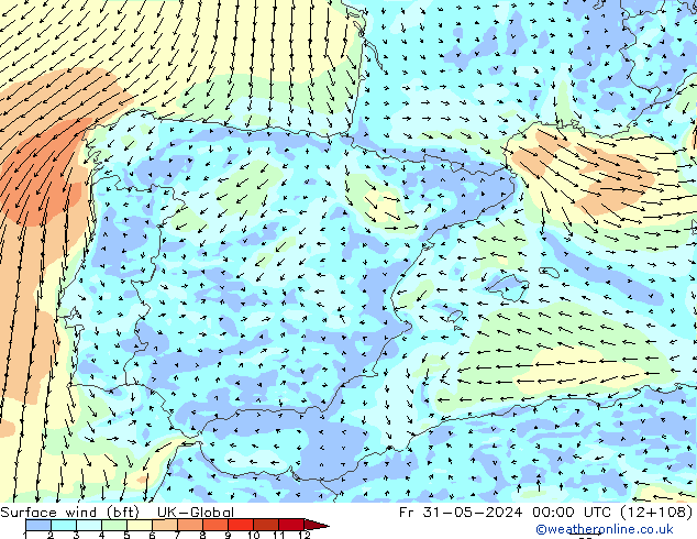 Vento 10 m (bft) UK-Global ven 31.05.2024 00 UTC