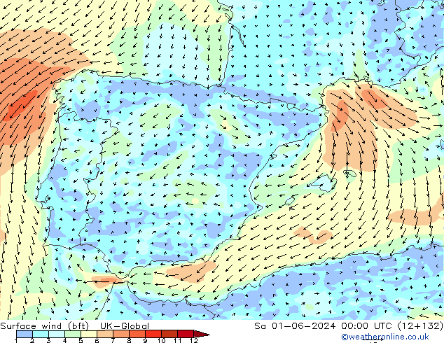 Vent 10 m (bft) UK-Global sam 01.06.2024 00 UTC