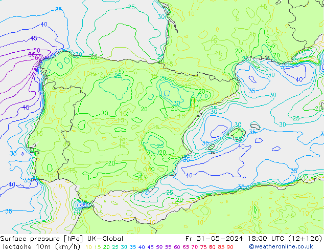 Isotachs (kph) UK-Global ven 31.05.2024 18 UTC
