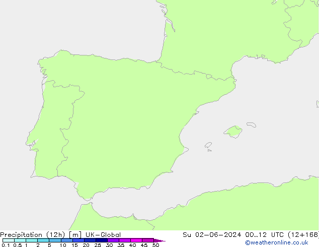 Precipitation (12h) UK-Global Su 02.06.2024 12 UTC