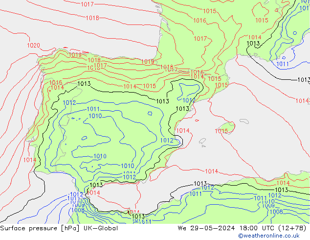 Luchtdruk (Grond) UK-Global wo 29.05.2024 18 UTC