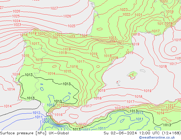 Presión superficial UK-Global dom 02.06.2024 12 UTC