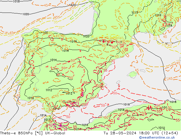 Theta-e 850hPa UK-Global Sa 28.05.2024 18 UTC