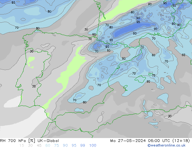Humedad rel. 700hPa UK-Global lun 27.05.2024 06 UTC