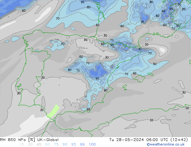 Humidité rel. 850 hPa UK-Global mar 28.05.2024 06 UTC