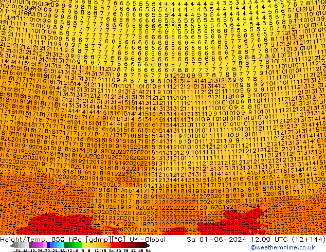 Height/Temp. 850 hPa UK-Global sab 01.06.2024 12 UTC