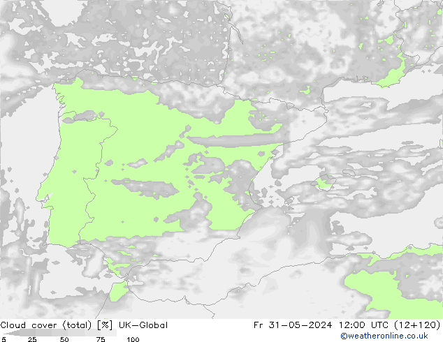 Cloud cover (total) UK-Global Pá 31.05.2024 12 UTC