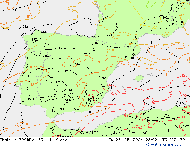 Theta-e 700hPa UK-Global di 28.05.2024 03 UTC