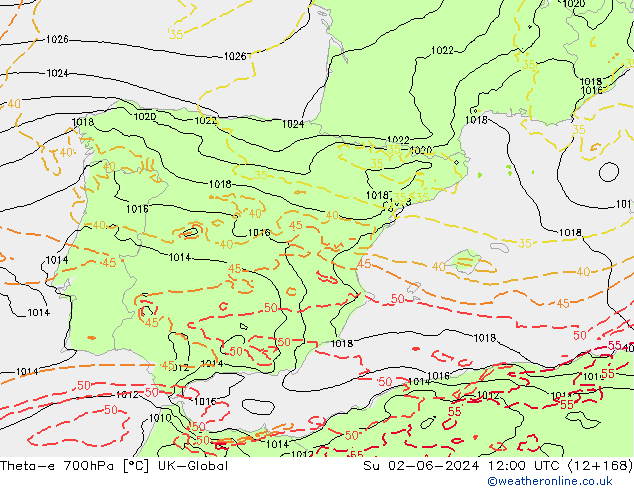 Theta-e 700hPa UK-Global Ne 02.06.2024 12 UTC
