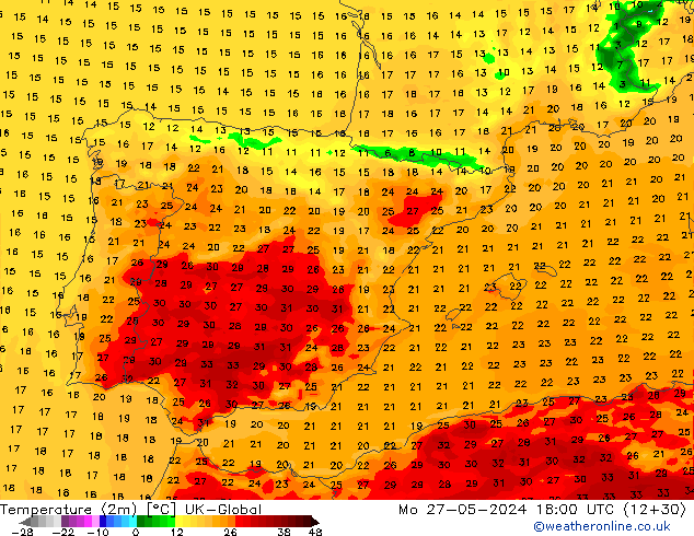 Temperature (2m) UK-Global Po 27.05.2024 18 UTC