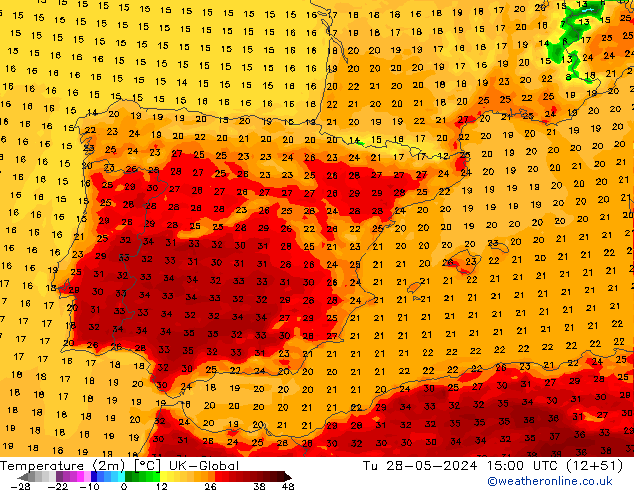 Temperatuurkaart (2m) UK-Global di 28.05.2024 15 UTC