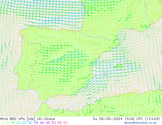 Vento 850 hPa UK-Global dom 26.05.2024 15 UTC