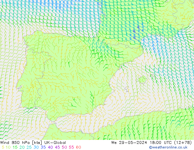 Wind 850 hPa UK-Global We 29.05.2024 18 UTC