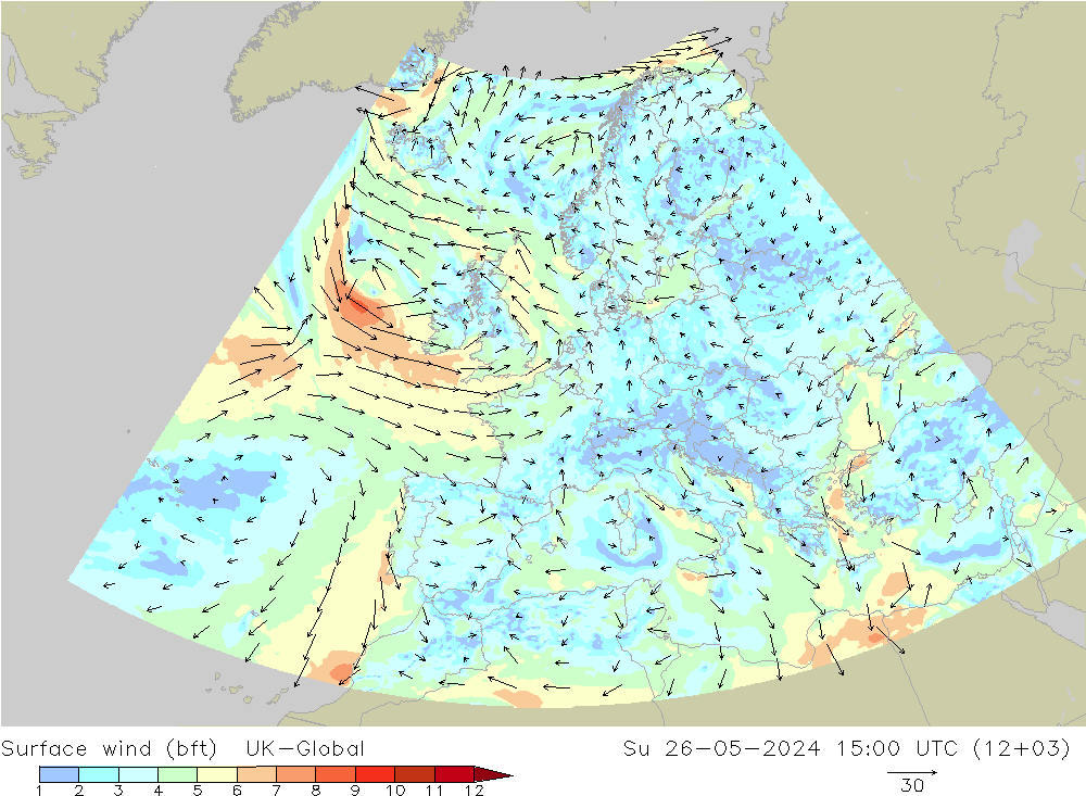 wiatr 10 m (bft) UK-Global nie. 26.05.2024 15 UTC