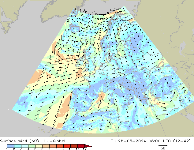 Bodenwind (bft) UK-Global Di 28.05.2024 06 UTC