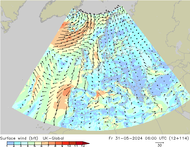 Surface wind (bft) UK-Global Fr 31.05.2024 06 UTC