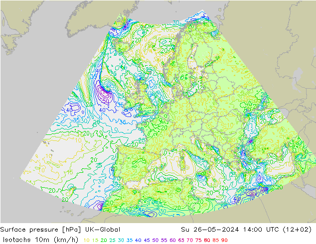 Isotachs (kph) UK-Global Su 26.05.2024 14 UTC