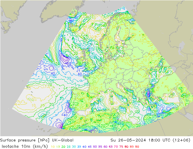 Isotachs (kph) UK-Global dom 26.05.2024 18 UTC