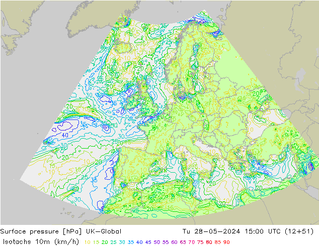 Isotachs (kph) UK-Global Tu 28.05.2024 15 UTC