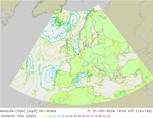 Isotachen (mph) UK-Global Fr 31.05.2024 12 UTC