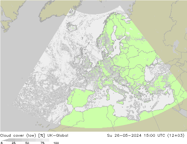 Bewolking (Laag) UK-Global zo 26.05.2024 15 UTC