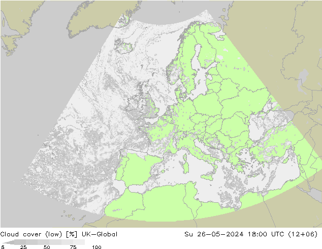 Bewolking (Laag) UK-Global zo 26.05.2024 18 UTC